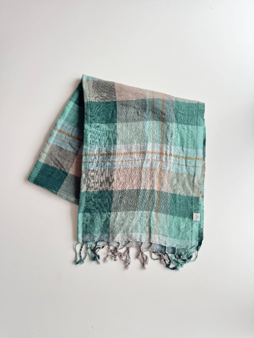 PRANA Green Beige Plaid Wool Modal Blend Gauze Fringed Shawl Blanket Scarf